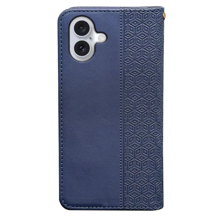 For iPhone 16 Wallet Phone Case Strong Magnetic Checkered Pattern Imprint Leather Flip Cover - Blue