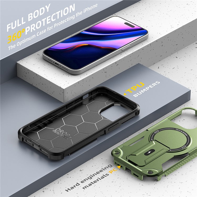 For iPhone 16 Plus Case Compatible with MagSafe TPU+PC Kickstand Phone Cover with Strap - Army Green