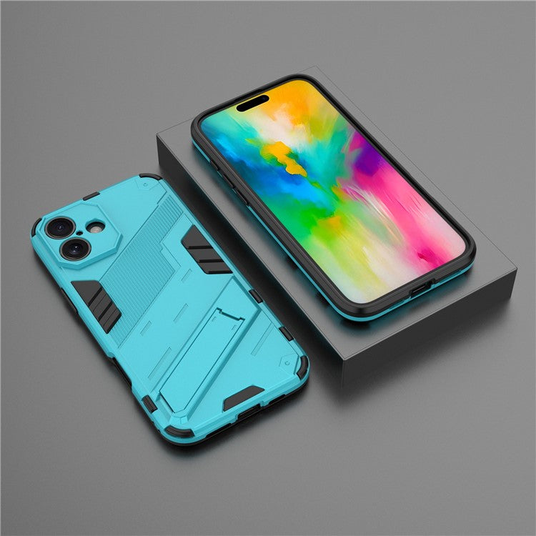 For iPhone 16 Case PC+TPU Shockproof Phone Cover with Kickstand - Blue
