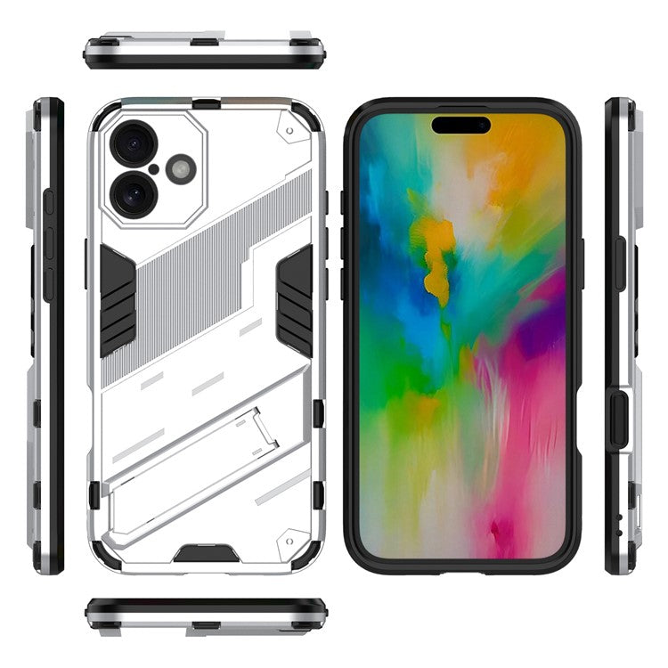 For iPhone 16 Plus Case PC+TPU Shockproof Phone Cover with Kickstand - White