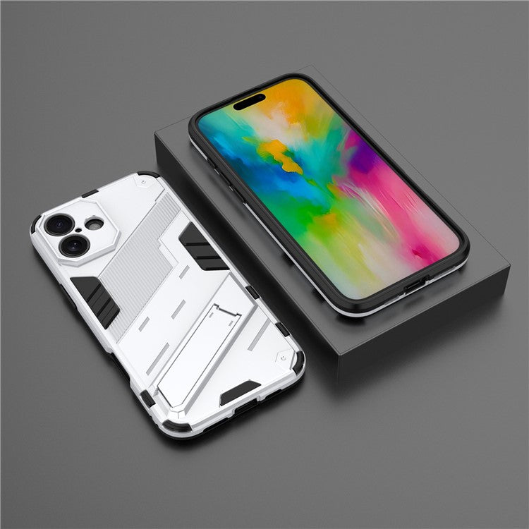 For iPhone 16 Plus Case PC+TPU Shockproof Phone Cover with Kickstand - White