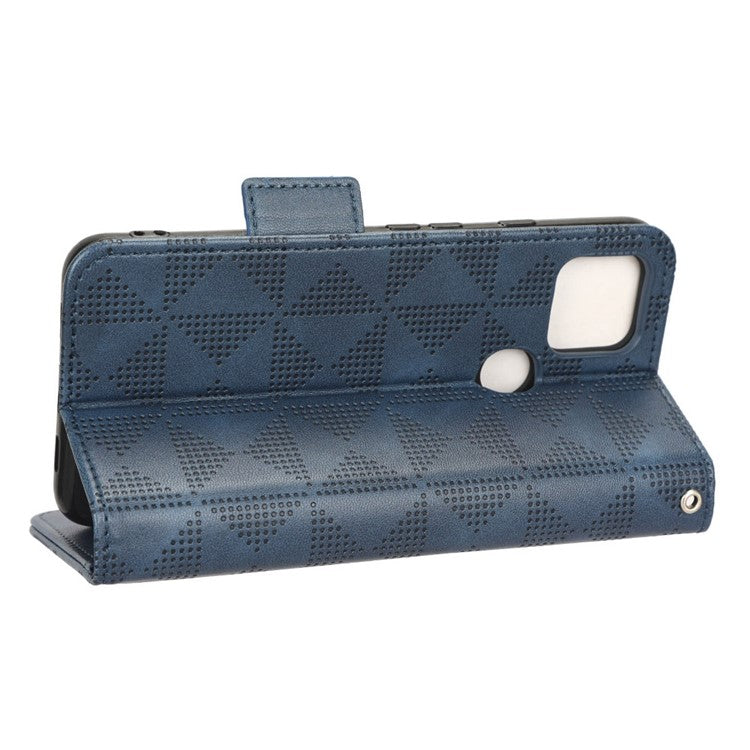 For Google Pixel 4a 5G Imprinted Triangle Pattern PU Leather + TPU Case Magnetic Clasp Phone Shell with Stand Wallet - Blue