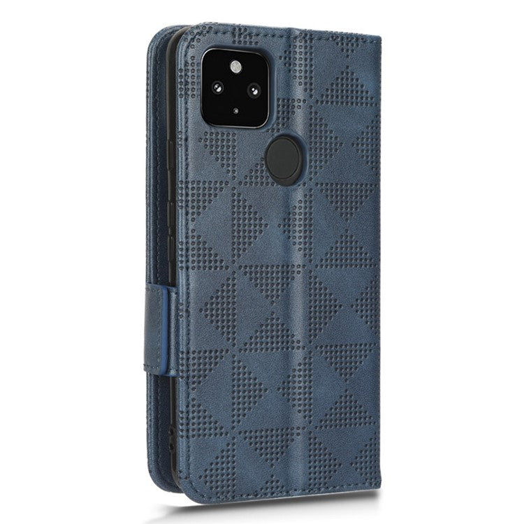 For Google Pixel 4a 5G Imprinted Triangle Pattern PU Leather + TPU Case Magnetic Clasp Phone Shell with Stand Wallet - Blue