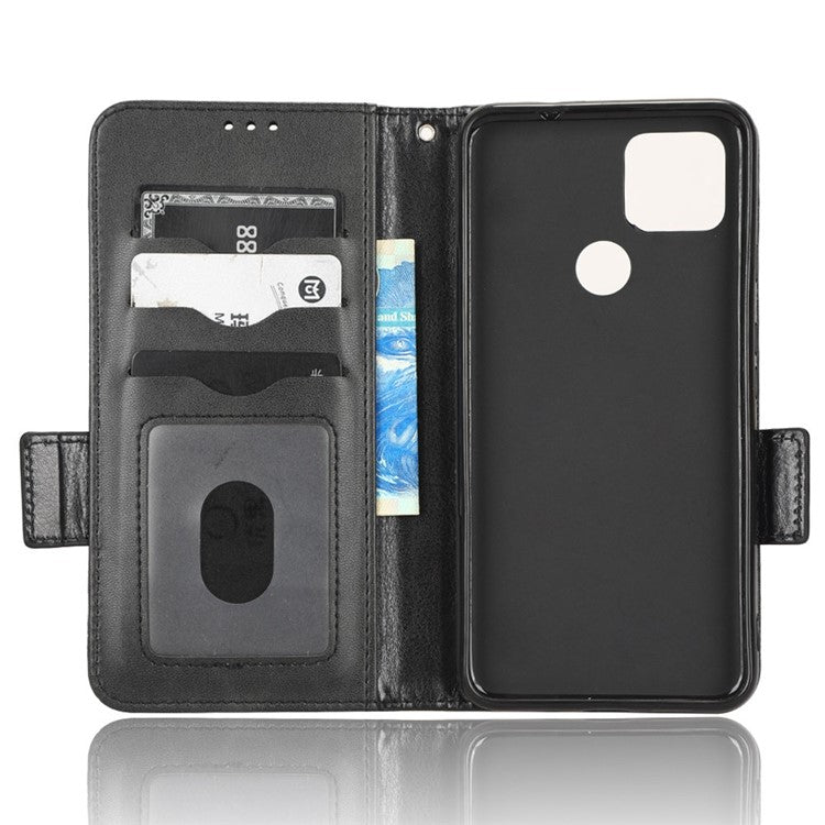 For Google Pixel 4a 5G Imprinted Triangle Pattern PU Leather + TPU Case Magnetic Clasp Phone Shell with Stand Wallet - Black