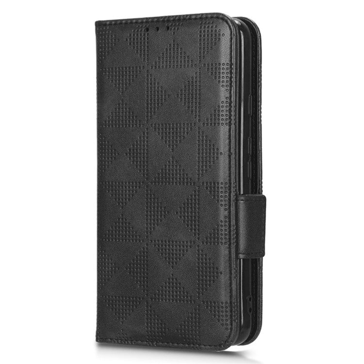 For Google Pixel 4a 5G Imprinted Triangle Pattern PU Leather + TPU Case Magnetic Clasp Phone Shell with Stand Wallet - Black