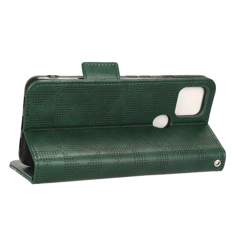 For Google Pixel 4a 5G Imprinted Triangle Pattern PU Leather + TPU Case Magnetic Clasp Phone Shell with Stand Wallet - Green