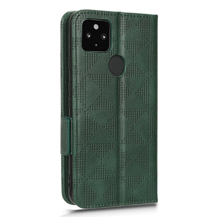 For Google Pixel 4a 5G Imprinted Triangle Pattern PU Leather + TPU Case Magnetic Clasp Phone Shell with Stand Wallet - Green