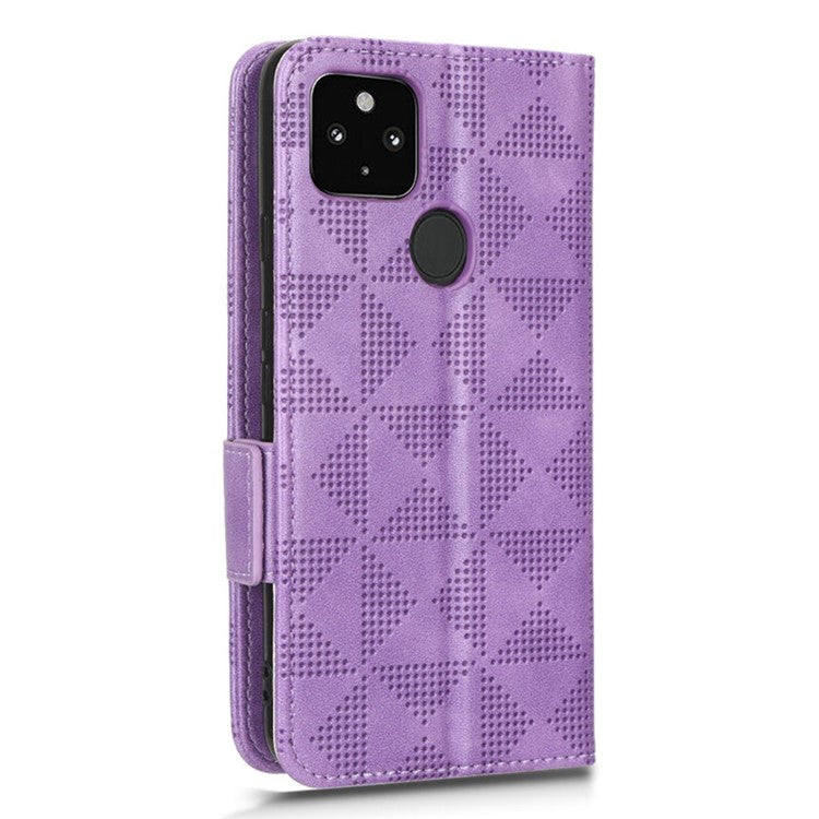 For Google Pixel 4a 5G Imprinted Triangle Pattern PU Leather + TPU Case Magnetic Clasp Phone Shell with Stand Wallet - Purple