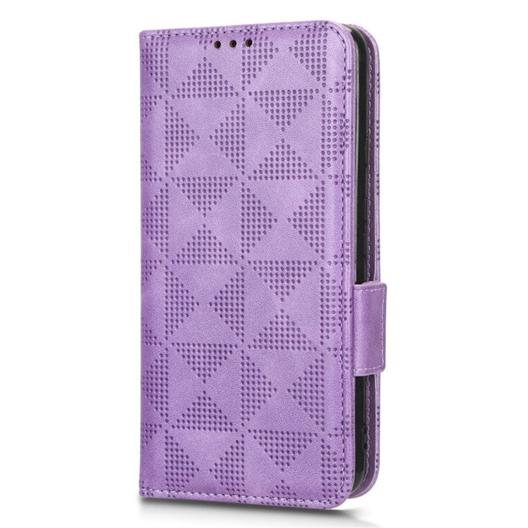 For Google Pixel 4a 5G Imprinted Triangle Pattern PU Leather + TPU Case Magnetic Clasp Phone Shell with Stand Wallet - Purple