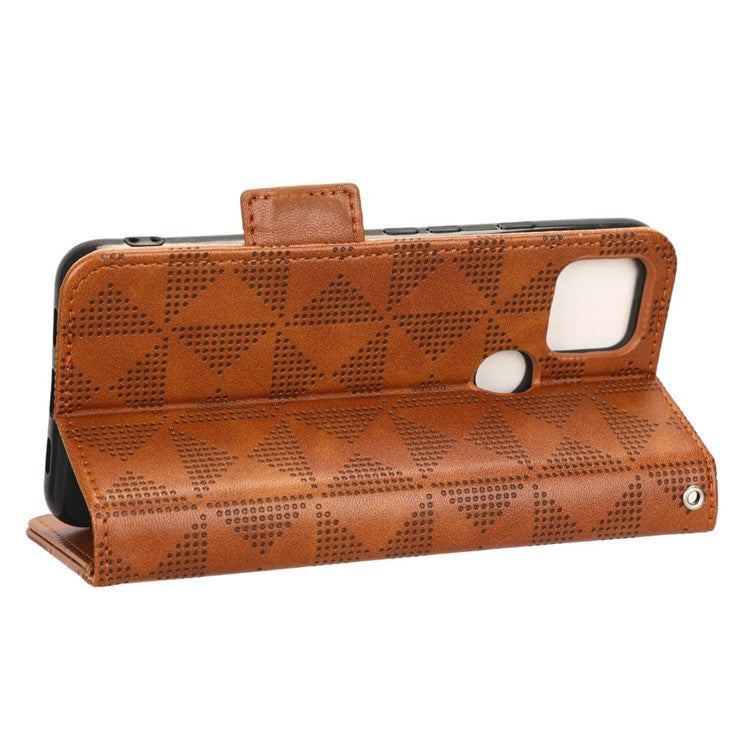 For Google Pixel 4a 5G Imprinted Triangle Pattern PU Leather + TPU Case Magnetic Clasp Phone Shell with Stand Wallet - Brown