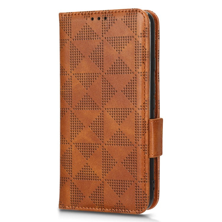 For Google Pixel 4a 5G Imprinted Triangle Pattern PU Leather + TPU Case Magnetic Clasp Phone Shell with Stand Wallet - Brown