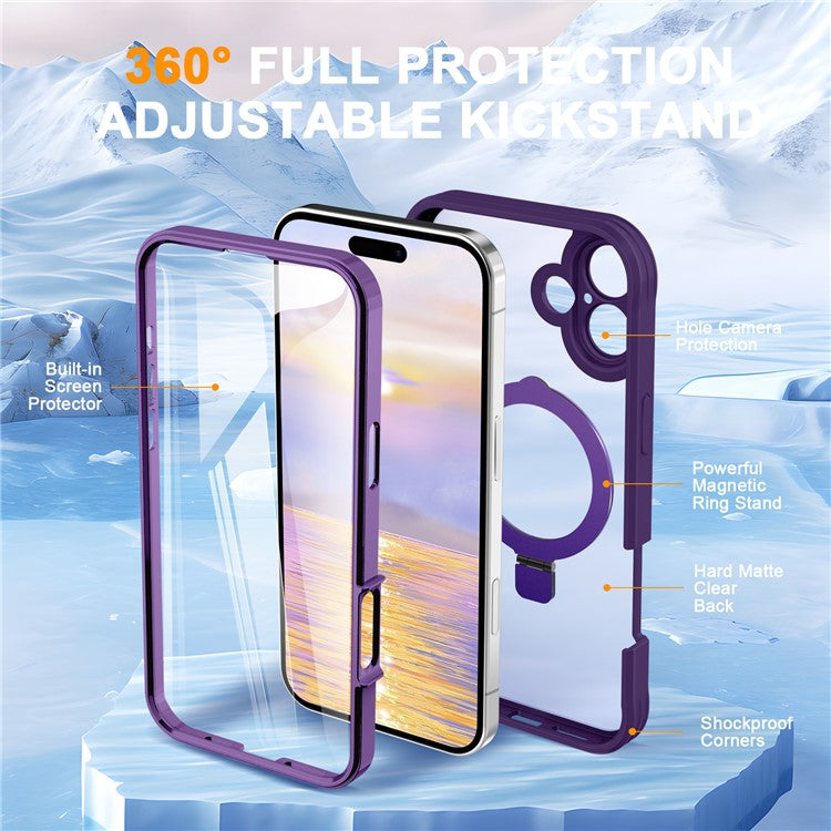 For iPhone 16 Plus Case Skin Touch Solid Color TPU+PC Phone Cover with Magnetic Kickstand - Purple