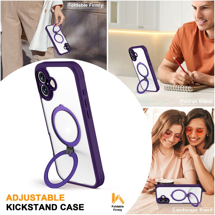 For iPhone 16 Plus Case Skin Touch Solid Color TPU+PC Phone Cover with Magnetic Kickstand - Purple