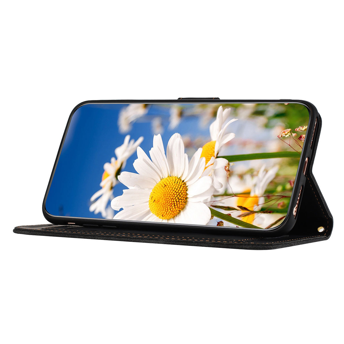 For Samsung Galaxy A06 Case PU Leather Floral Phone Cover with Card Slots - Black