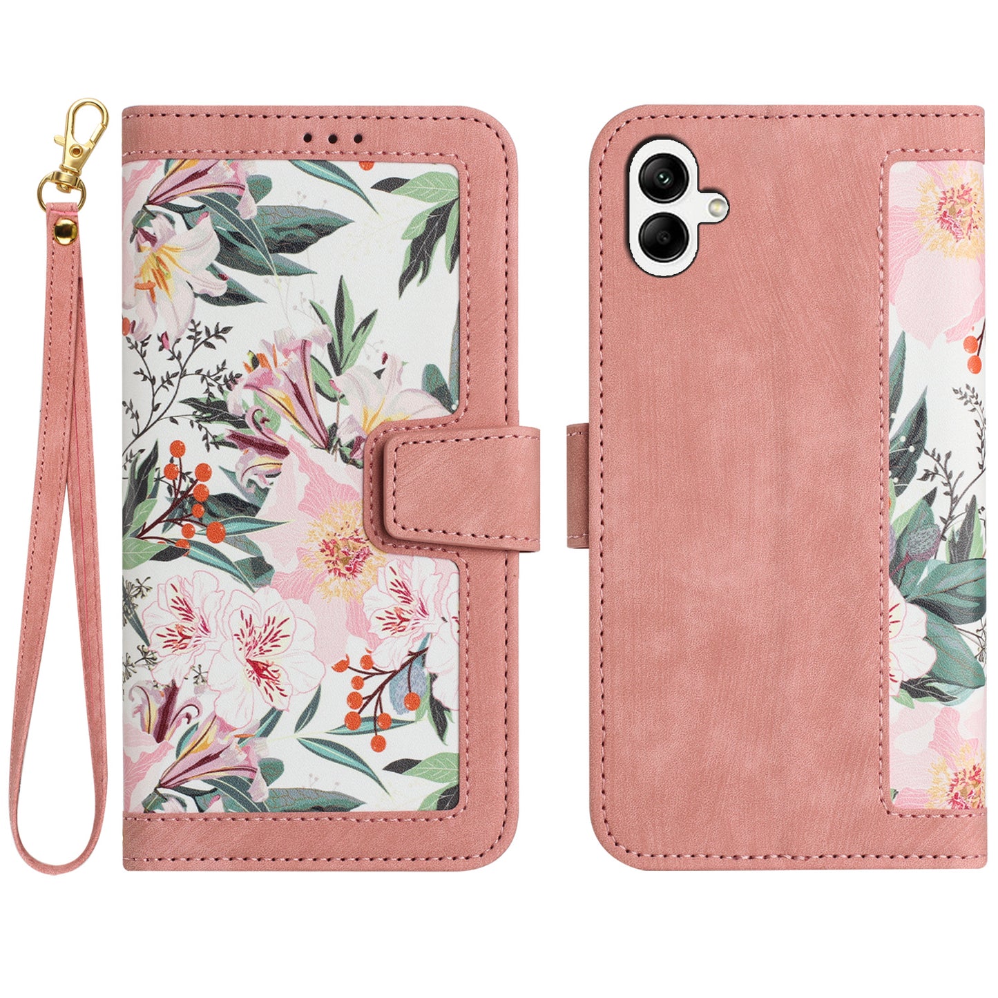 For Samsung Galaxy A06 Case PU Leather Floral Phone Cover with Card Slots - Pink