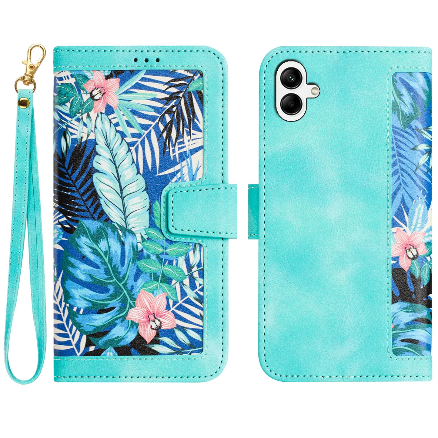 For Samsung Galaxy A06 Case PU Leather Floral Phone Cover with Card Slots - Green