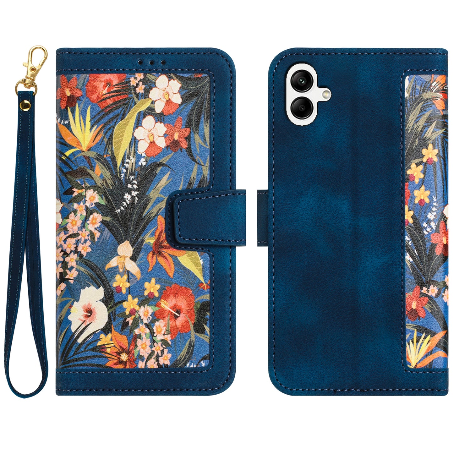 For Samsung Galaxy A06 Case PU Leather Floral Phone Cover with Card Slots - Dark Blue