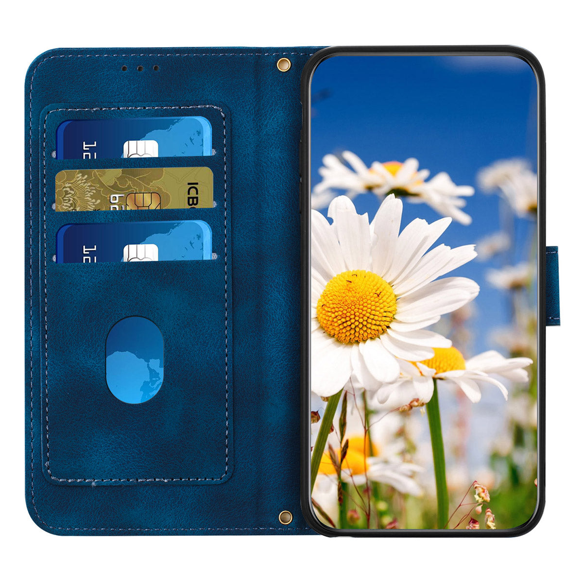 For Samsung Galaxy A06 Case PU Leather Floral Phone Cover with Card Slots - Dark Blue