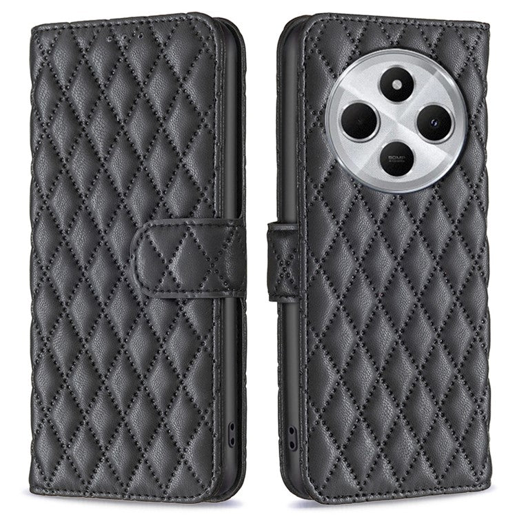 BINFEN COLOR BF Style-14 For Xiaomi Redmi 14C 4G Case Rhombus Phone Leather Cover Stand - Black