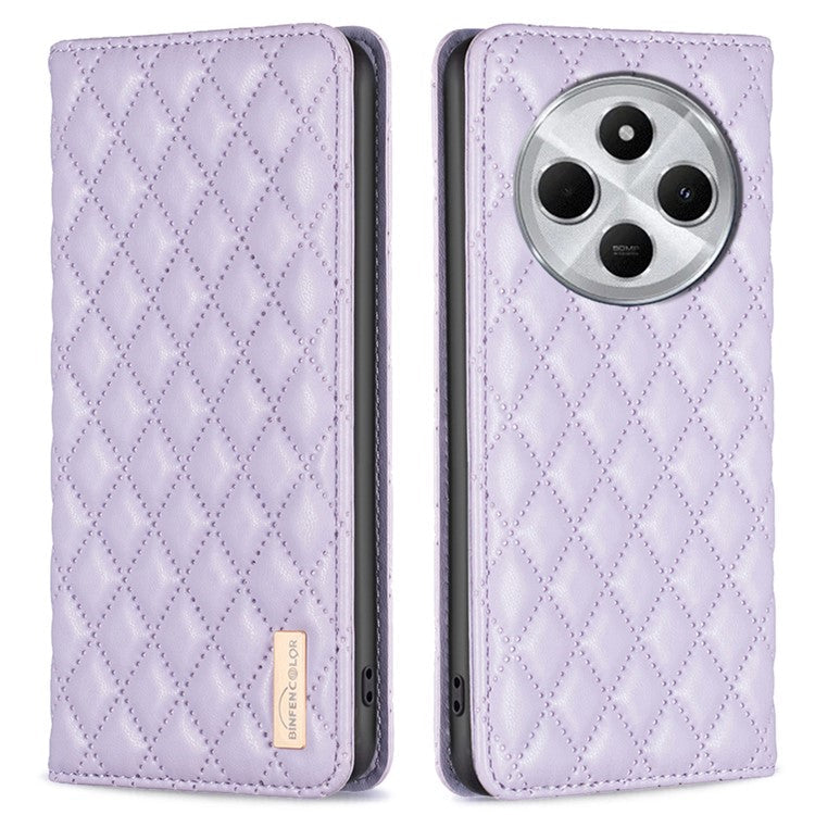 BINFEN COLOR BF Style-16 For Xiaomi Redmi 14C 4G Case Card Slots Rhombus Leather Cover - Purple