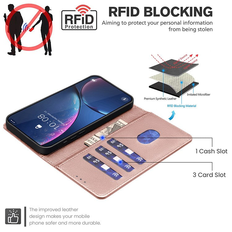 BINFEN COLOR BF32 For Xiaomi Poco C75 4G / Redmi 14R 5G / 14C 4G Leather Case Wallet RFID Blocking Phone Cover - Rose Gold