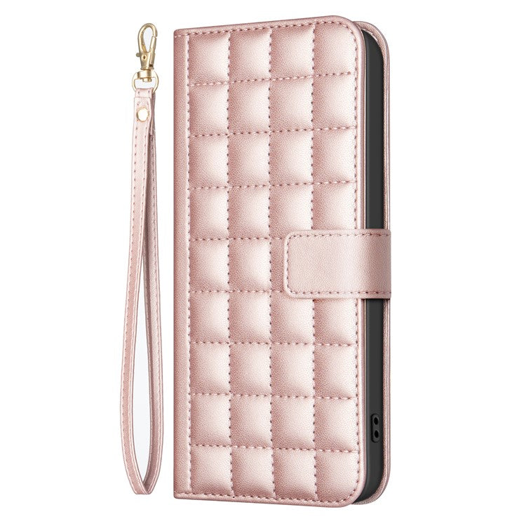 BINFEN COLOR BF34 for Xiaomi Redmi 14C 4G Leather Case Wallet Square Grid Phone Cover - Rose Gold