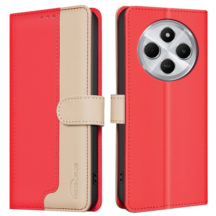 BINFEN COLOR BF33 for Xiaomi Poco C75 4G / Redmi 14R 5G / 14C 4G Leather Case Splicing Color RFID Blocking - Red