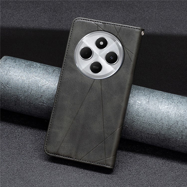 For Xiaomi Poco C75 4G / Redmi 14R 5G / 14C 4G Case Card Slots Geometry Imprint Leather Phone Cover - Black