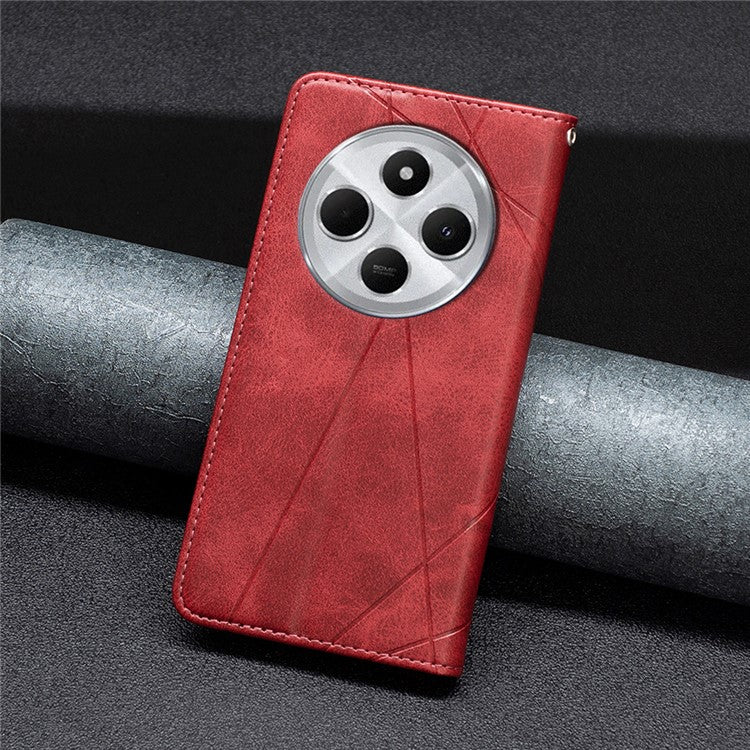 For Xiaomi Poco C75 4G / Redmi 14R 5G / 14C 4G Case Card Slots Geometry Imprint Leather Phone Cover - Red