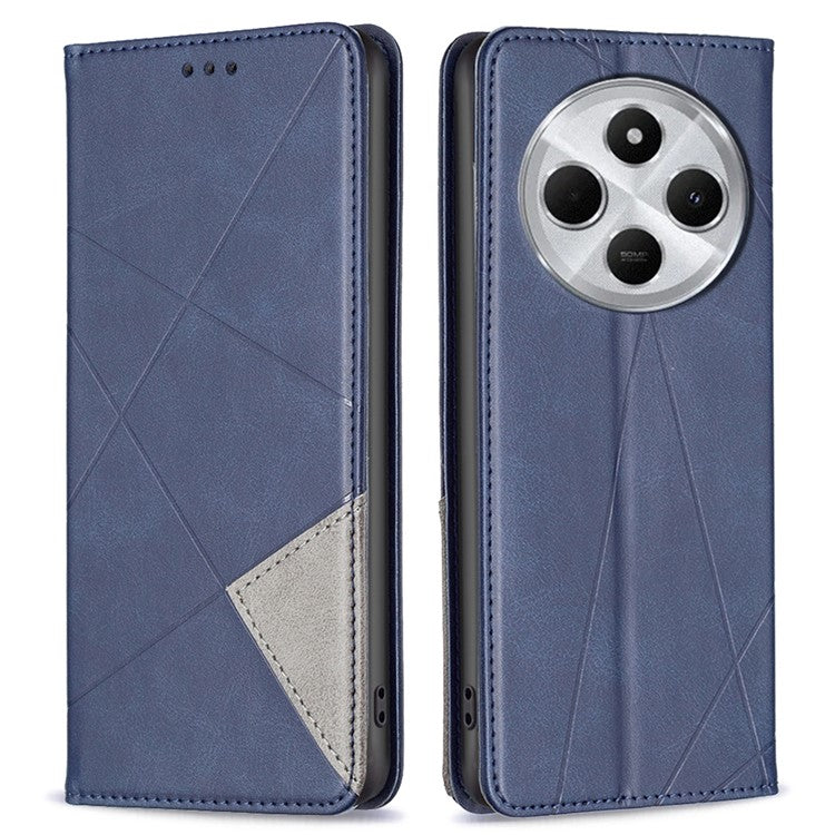 For Xiaomi Poco C75 4G / Redmi 14R 5G / 14C 4G Case Card Slots Geometry Imprint Leather Phone Cover - Blue