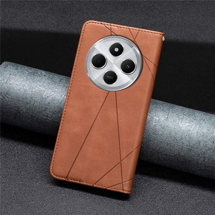 For Xiaomi Poco C75 4G / Redmi 14R 5G / 14C 4G Case Card Slots Geometry Imprint Leather Phone Cover - Brown