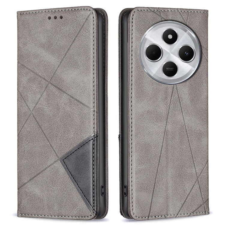 For Xiaomi Poco C75 4G / Redmi 14R 5G / 14C 4G Case Card Slots Geometry Imprint Leather Phone Cover - Grey
