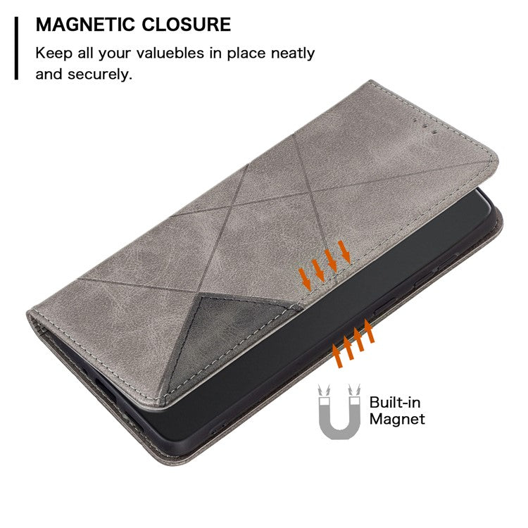 For Xiaomi Poco C75 4G / Redmi 14R 5G / 14C 4G Case Card Slots Geometry Imprint Leather Phone Cover - Grey