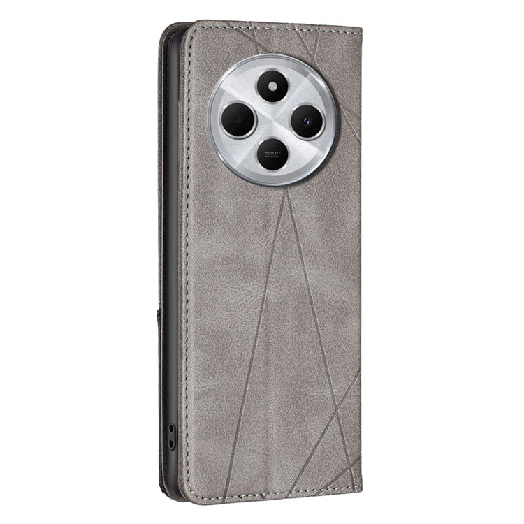 For Xiaomi Poco C75 4G / Redmi 14R 5G / 14C 4G Case Card Slots Geometry Imprint Leather Phone Cover - Grey
