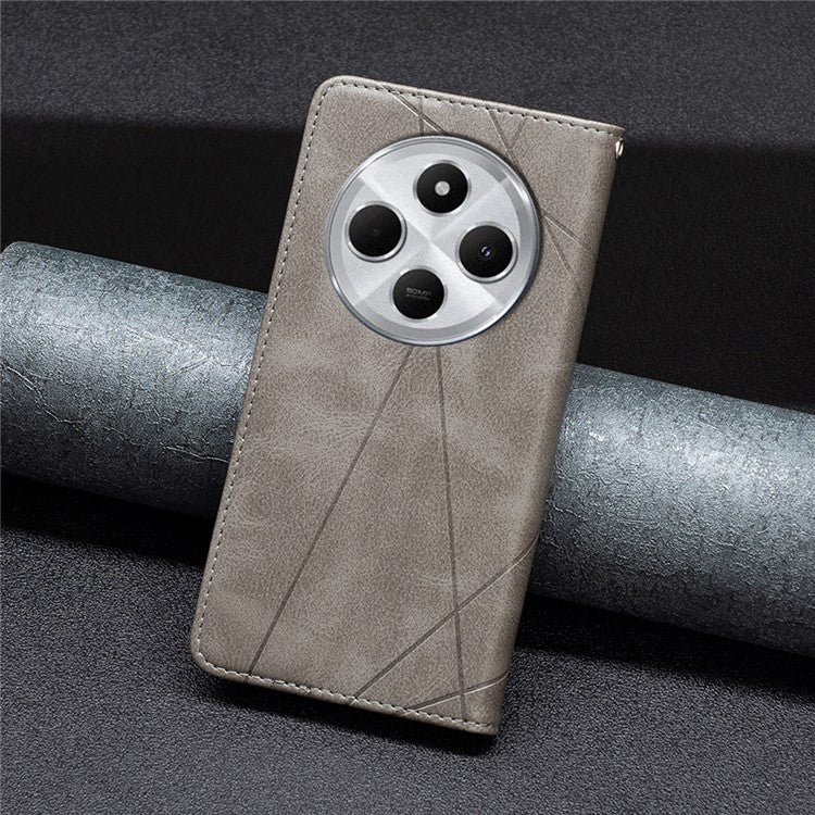 For Xiaomi Poco C75 4G / Redmi 14R 5G / 14C 4G Case Card Slots Geometry Imprint Leather Phone Cover - Grey