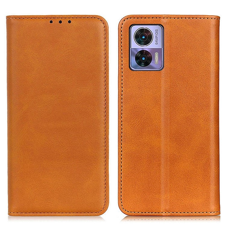 For Motorola Edge 30 Neo 5G Magnetic Auto Closing Stand Case Cowhide Texture Split Leather Phone Wallet Cover - Brown