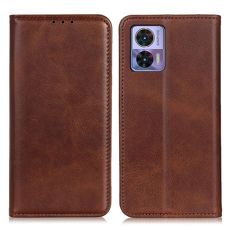 For Motorola Edge 30 Neo 5G Magnetic Auto Closing Stand Case Cowhide Texture Split Leather Phone Wallet Cover - Coffee
