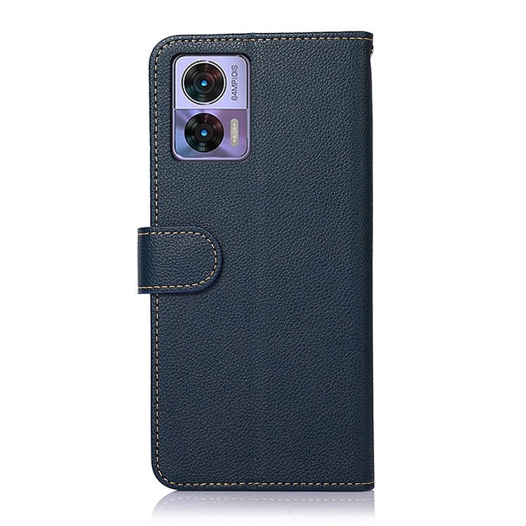 KHAZNEH For Motorola Edge 30 Neo 5G RFID Blocking Litchi Texture PU Leather Phone Case Stand Wallet Folio Flip Cover - Blue