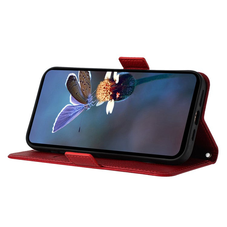 For iPhone 16 Pro Case Rose Imprinted RFID Blocking Leather Phone Cover with Strap - Red