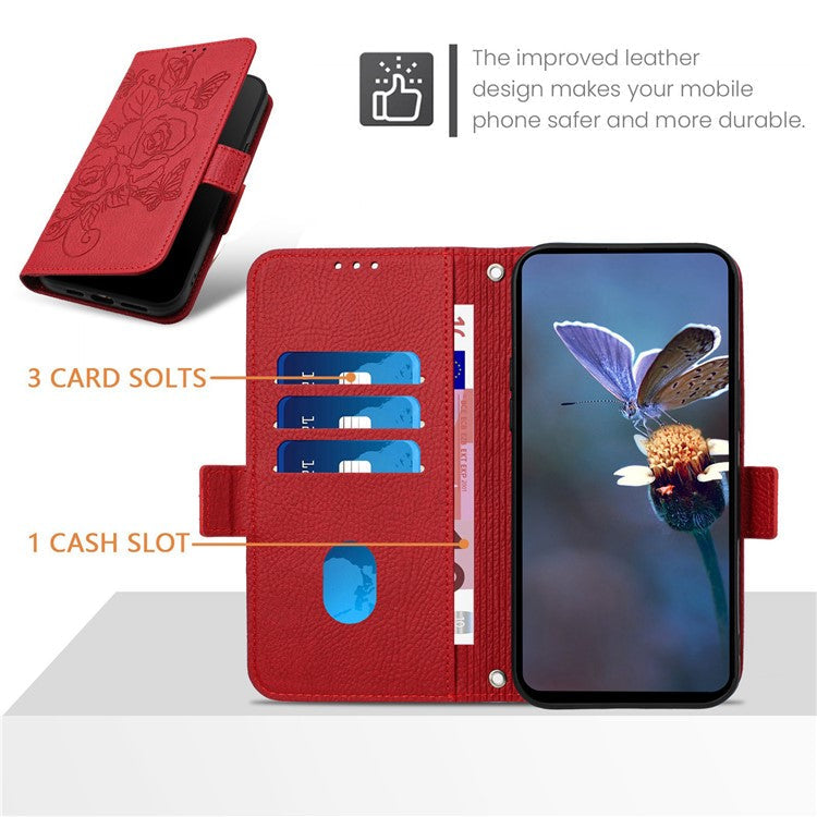 For iPhone 16 Pro Case Rose Imprinted RFID Blocking Leather Phone Cover with Strap - Red