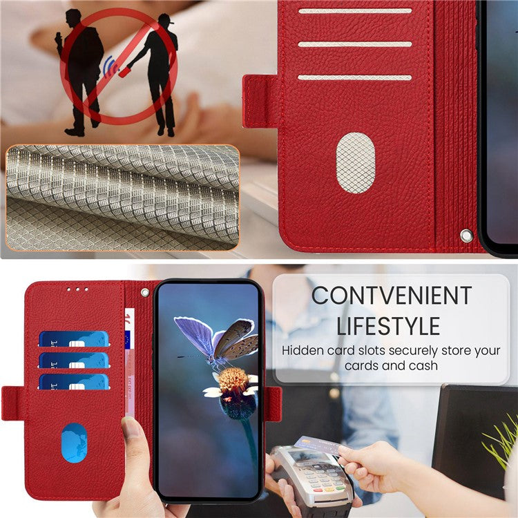 For iPhone 16 Pro Case Rose Imprinted RFID Blocking Leather Phone Cover with Strap - Red