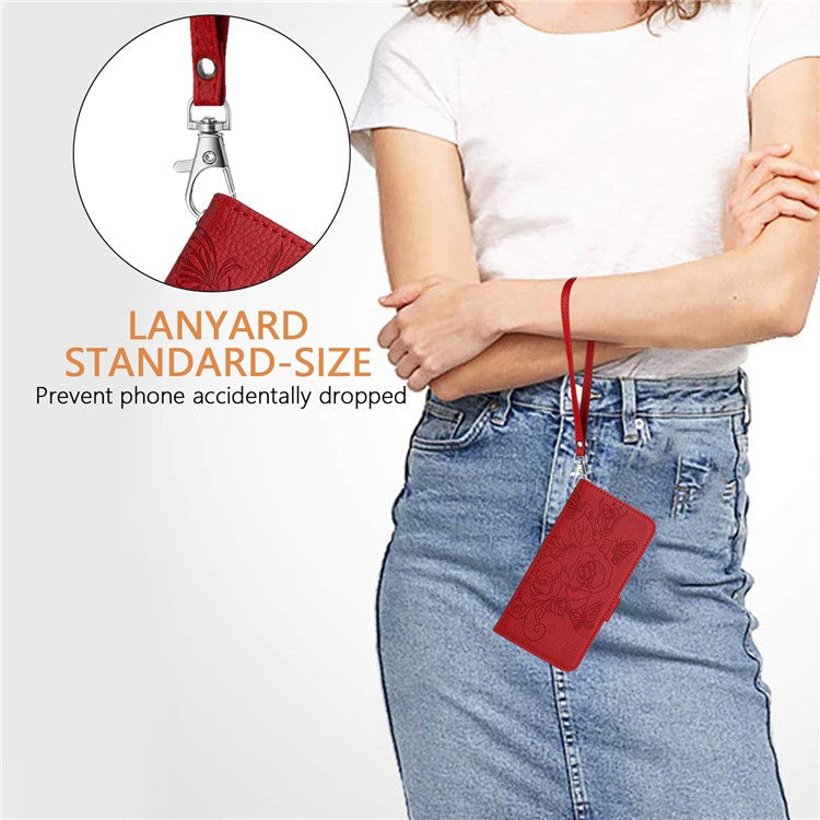 For iPhone 16 Pro Case Rose Imprinted RFID Blocking Leather Phone Cover with Strap - Red