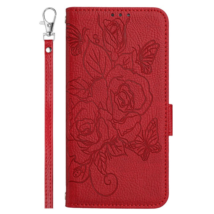 For iPhone 16 Pro Case Rose Imprinted RFID Blocking Leather Phone Cover with Strap - Red