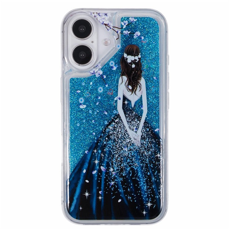 For iPhone 16 Case Floating Quicksand Pattern Soft TPU Back Cover - Blue Girl
