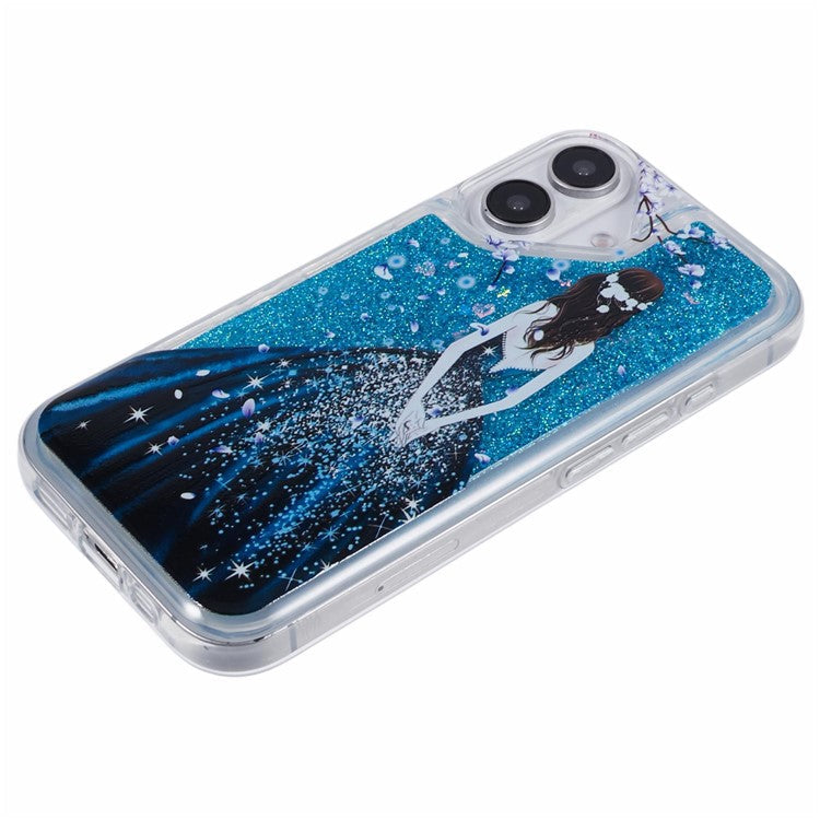 For iPhone 16 Case Floating Quicksand Pattern Soft TPU Back Cover - Blue Girl