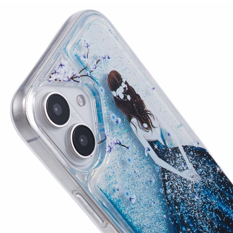 For iPhone 16 Case Floating Quicksand Pattern Soft TPU Back Cover - Blue Girl