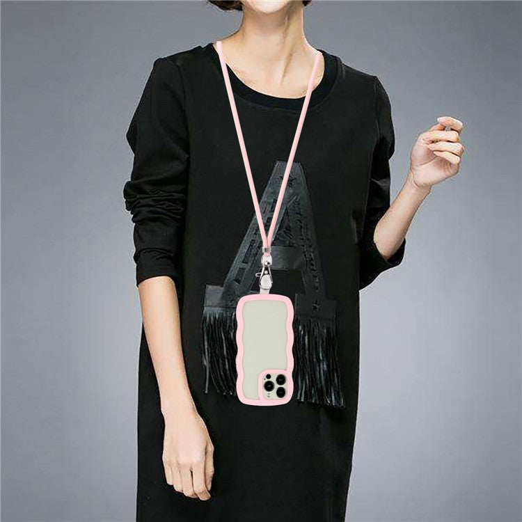 For iPhone 16 Pro Case Wavy Edge Design PC + TPU Shockproof Phone Cover with Adjustable Lanyard - Pink