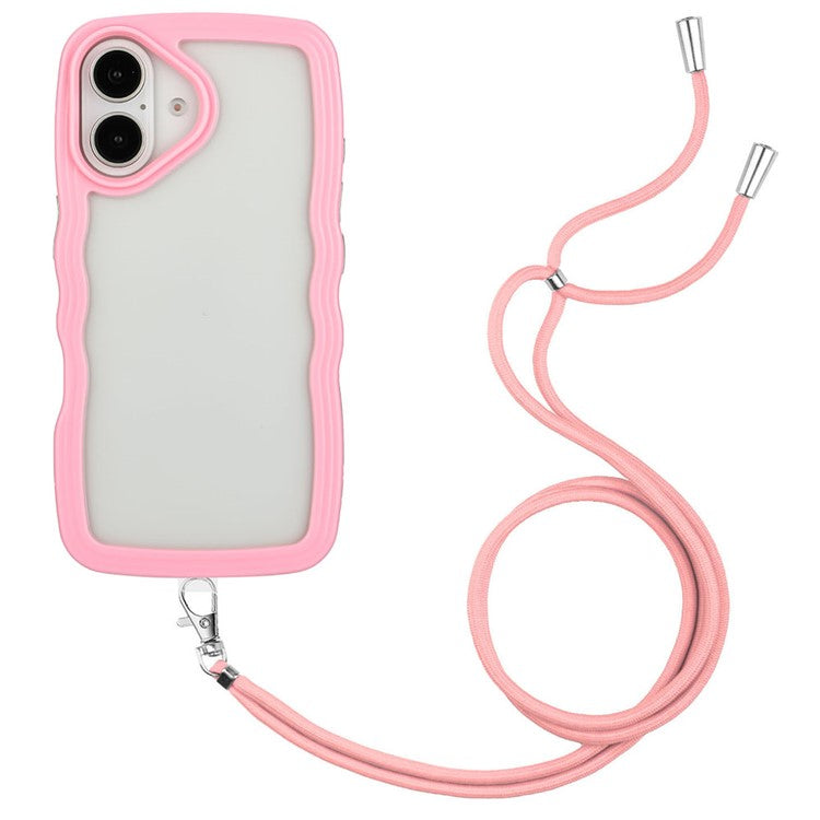 For iPhone 16 Case Wavy Edge Design PC + TPU Shockproof Phone Cover with Adjustable Lanyard - Pink