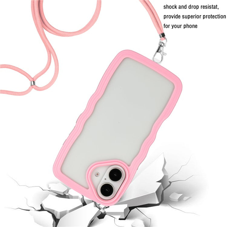 For iPhone 16 Case Wavy Edge Design PC + TPU Shockproof Phone Cover with Adjustable Lanyard - Pink