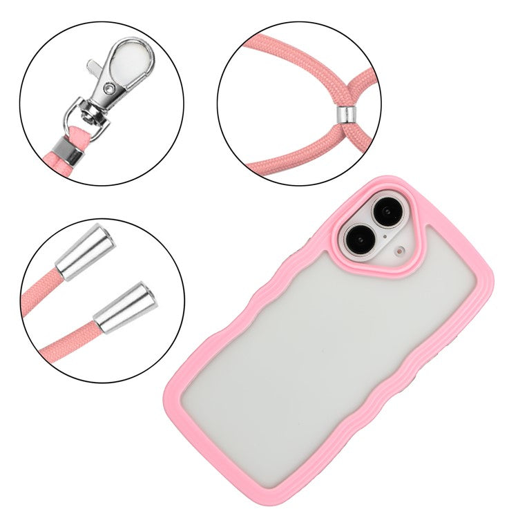 For iPhone 16 Case Wavy Edge Design PC + TPU Shockproof Phone Cover with Adjustable Lanyard - Pink